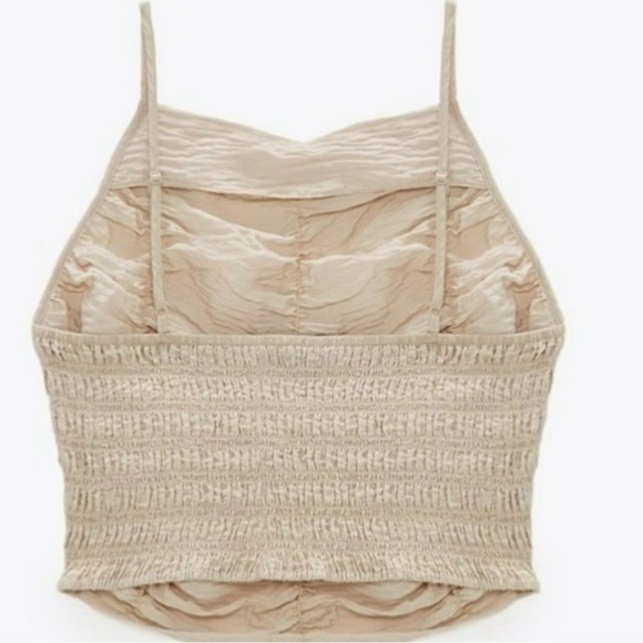 ZARA CROP TOP XSMALL LIGHT TAN BROWN HALTER CROPPED TANK RUCHED DRAPED SMOCKED - Picture 4 of 8